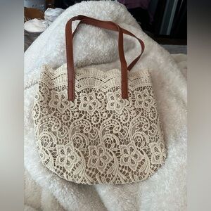 Elegant Lace Tote Bag with Brown Handles